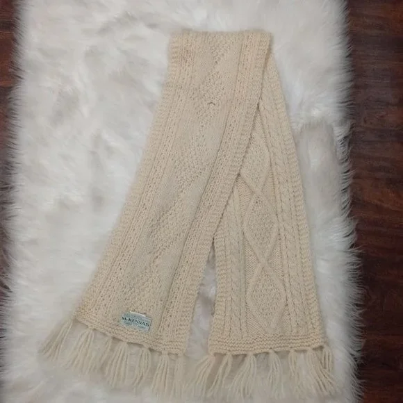 Mc Kennas 100% Pure Merino Wool Knitted Trim Hem Winter Scarf Cream Women's - Picture 3 of 9